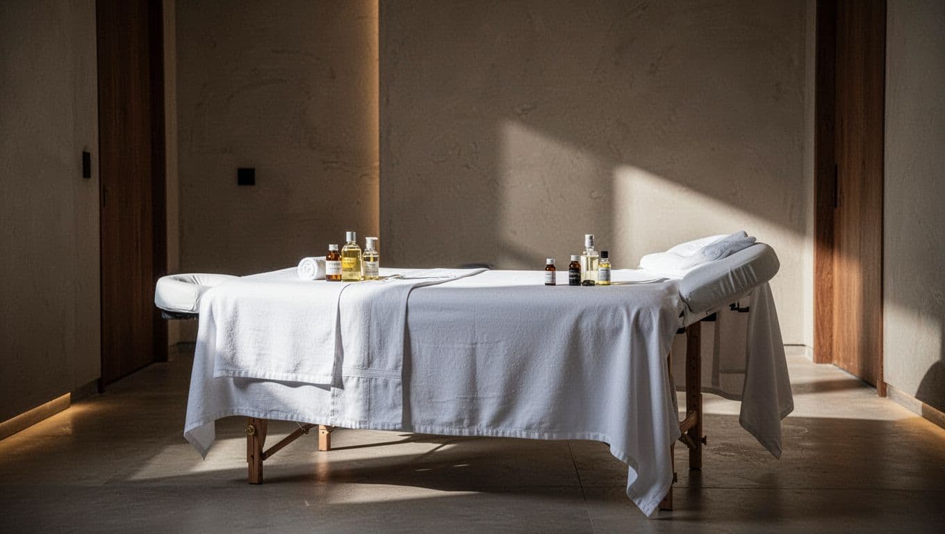 A massage table with white linens and essential oil bottles in a warm wellness room.