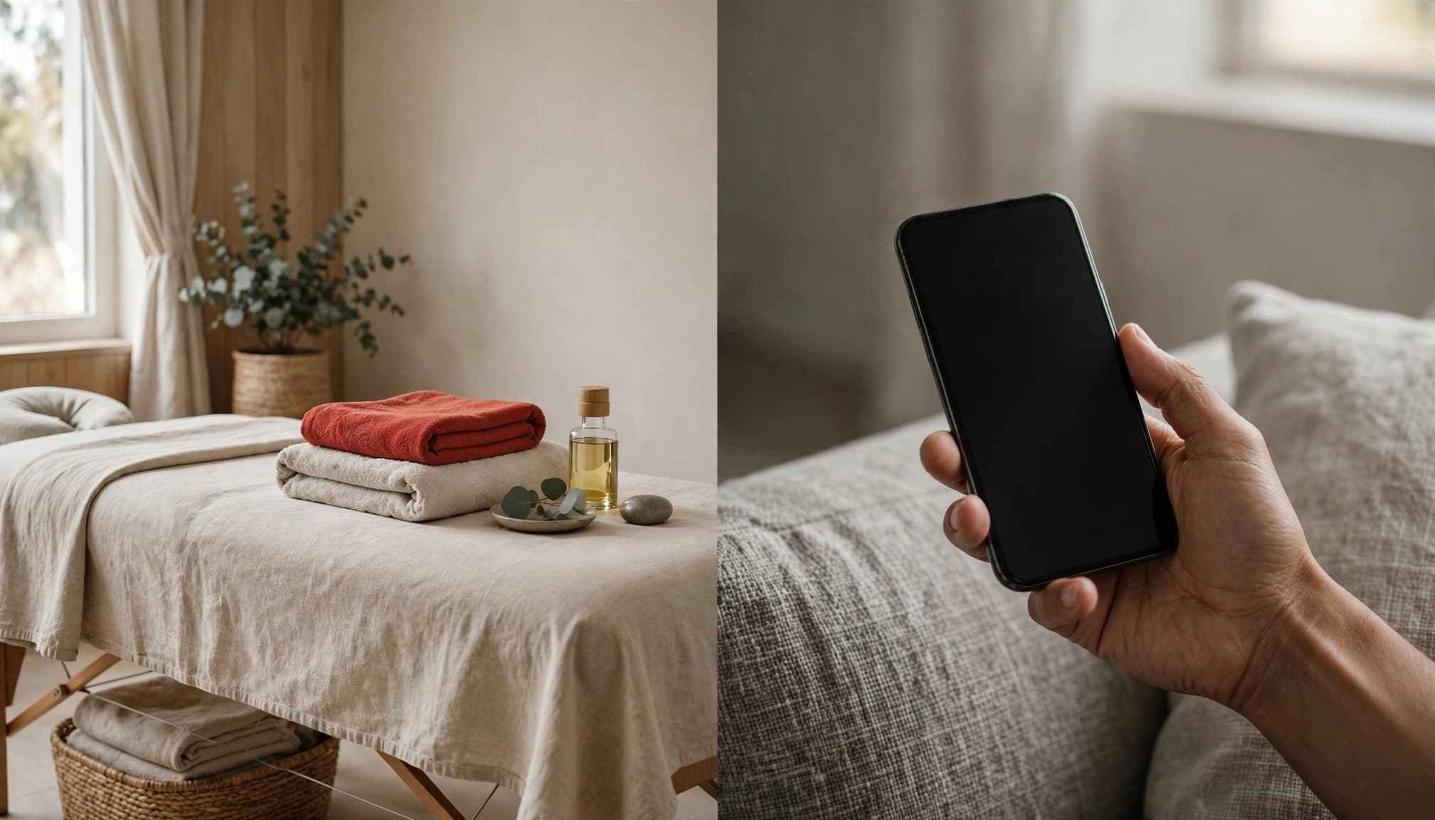A split image showing a massage table with folded towels and oil on the left, and a hand holding a phone on the right.