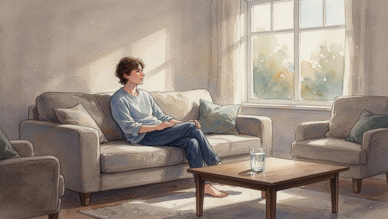 A figure rests on a soft chair within a bright, sun-drenched living area. A clear glass of water sits on a small side table beside them, showcasing a calm, painterly aesthetic.