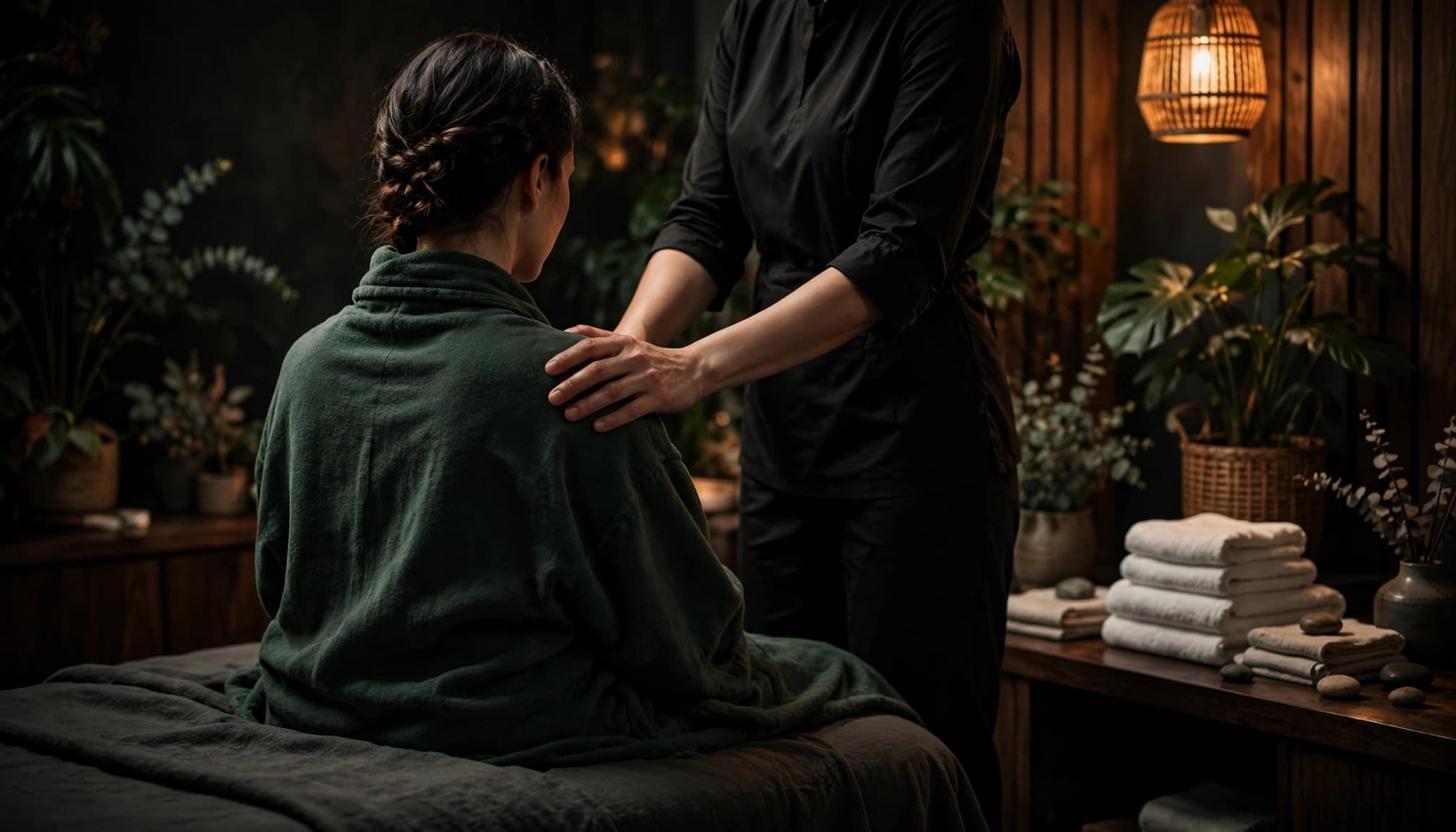 A woman receives a professional shoulder massage in a warm spa treatment room.