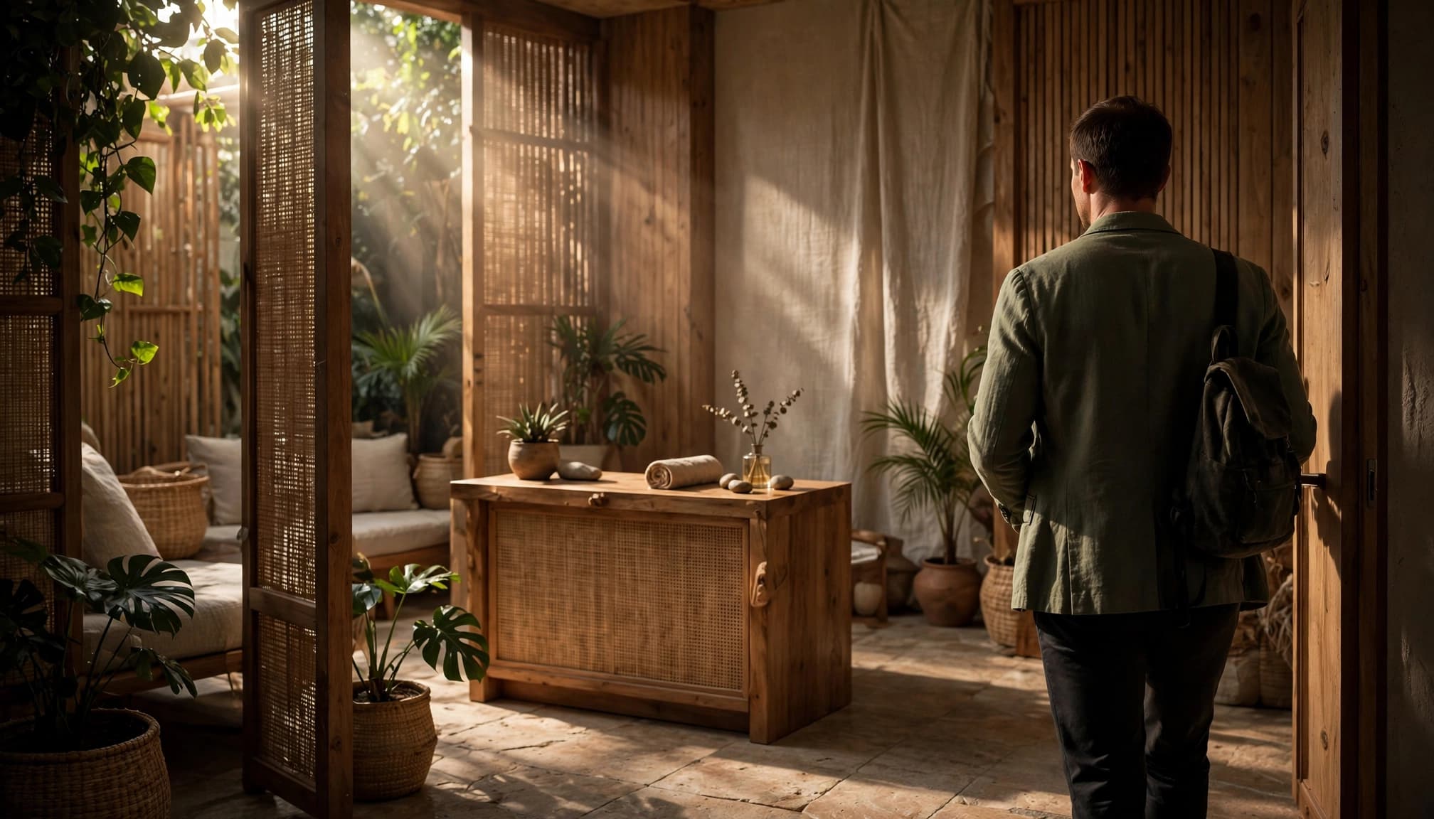 An adult enters a calm spa with a reception desk, wood finishes, and tropical plants.
