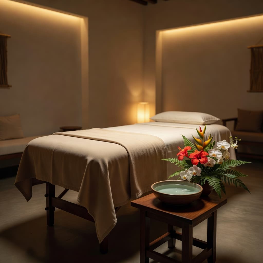 A clean massage table with neutral linens occupies the center of a quiet treatment room. A side table nearby holds a bowl of water and fresh flowers under warm ambient lighting.
