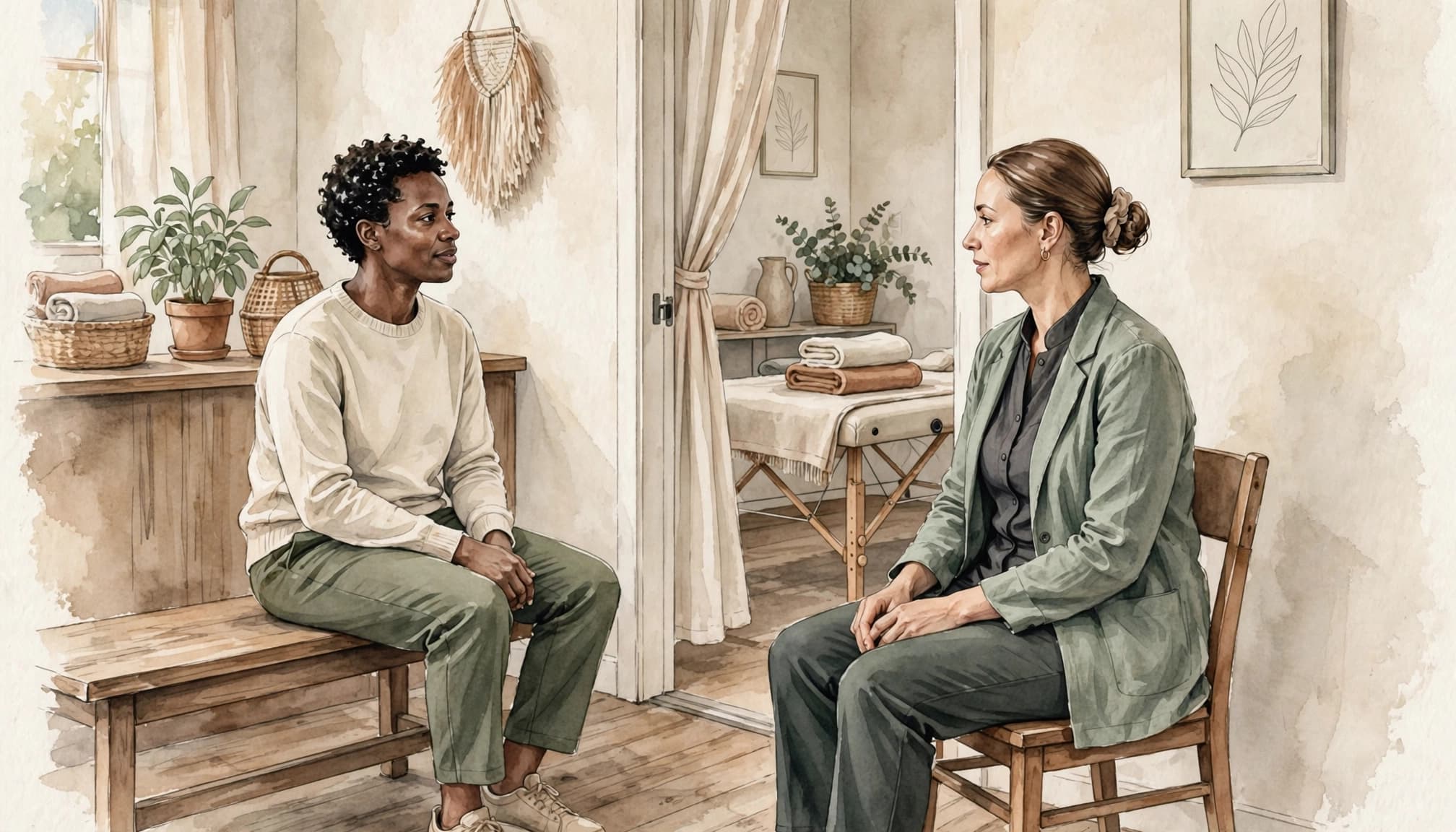 Erotic Massage Parlours in Nairobi: A Safe Booking Guide A client and therapist discuss an appointment in a wellness studio reception area.