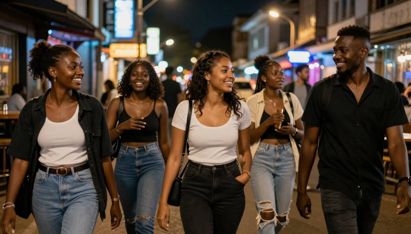 Small group of three young adults walking and laughing on a nighttime bar crawl in Westlands Nairobi, along a bustling street with neon lights and bars in the background, vibrant city nightlife atmosphere.