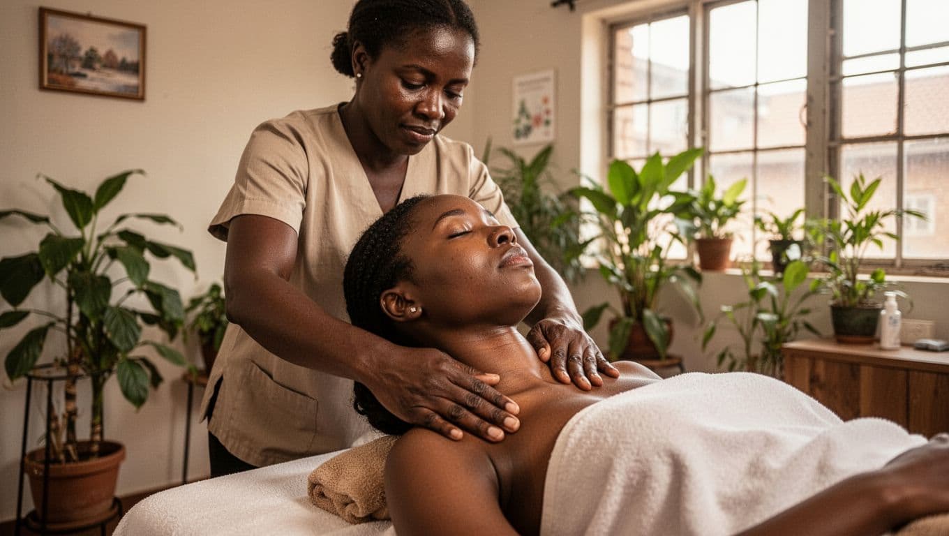 A certified therapist performs a relaxing Swedish massage focusing on shoulder and neck relief for a client in a cozy, affordable wellness spa in Nairobi's Westlands or Kilimani. The inviting space features soft natural light through windows, simple clean decor with plants, and a welcoming atmosphere.