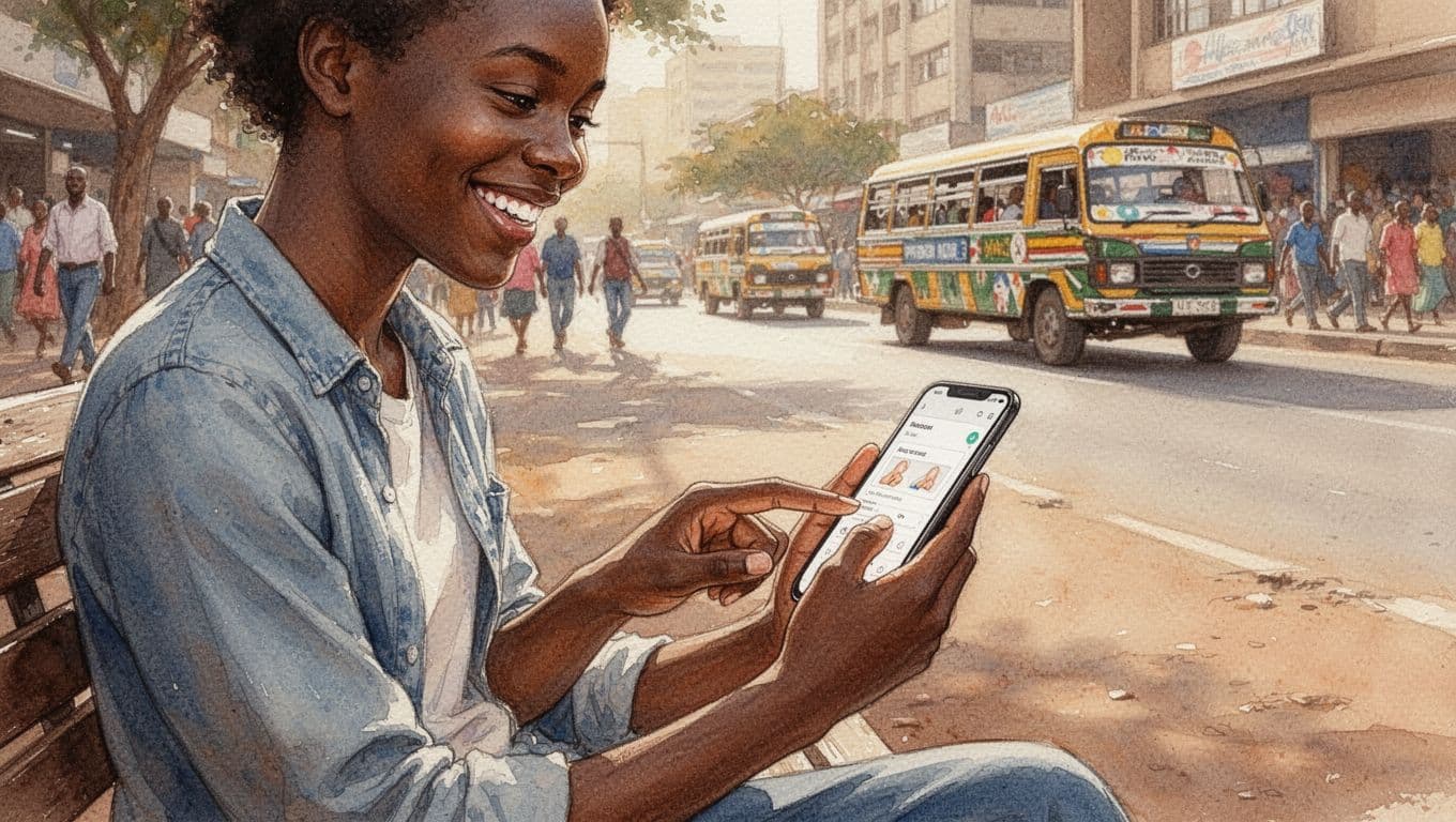 A relaxed person in Nairobi CBD sits on a bench near Biashara Street, smiling while using a smartphone to WhatsApp book a massage at a spa, with blurred matatus and pedestrians in the watercolor background featuring warm earth tones and brush textures.