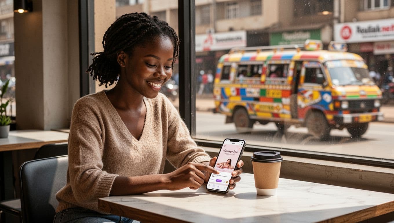 Relaxed young African woman in modern Nairobi cafe browses smartphone for massage spa options and books appointment, smiling at screen with takeaway coffee on table and blurred matatu street view through window.