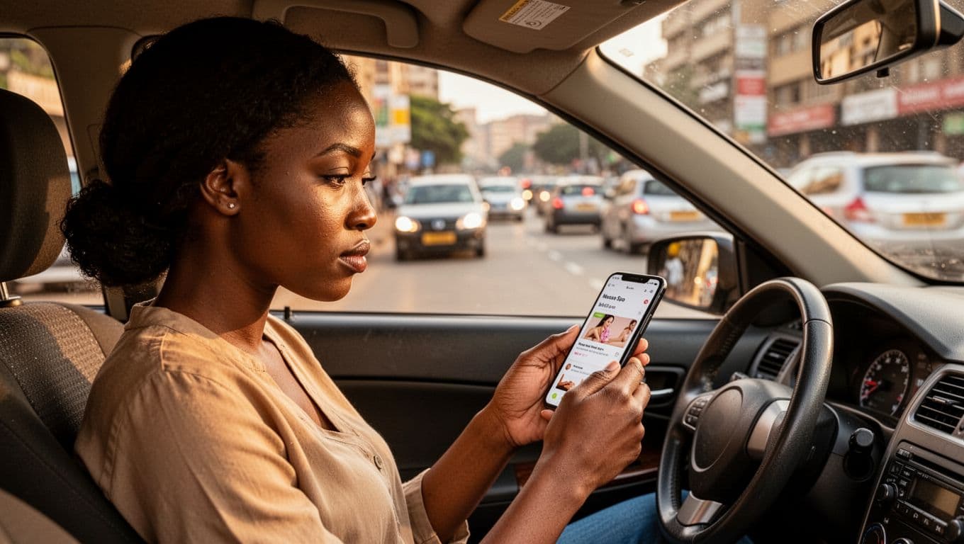 Young Nairobi professional woman in her 30s sits in a parked car, thoughtfully checking massage spa options on her smartphone with a focused expression. Realistic side-angle candid photo in natural afternoon daylight, blurred Kilimani street traffic background.