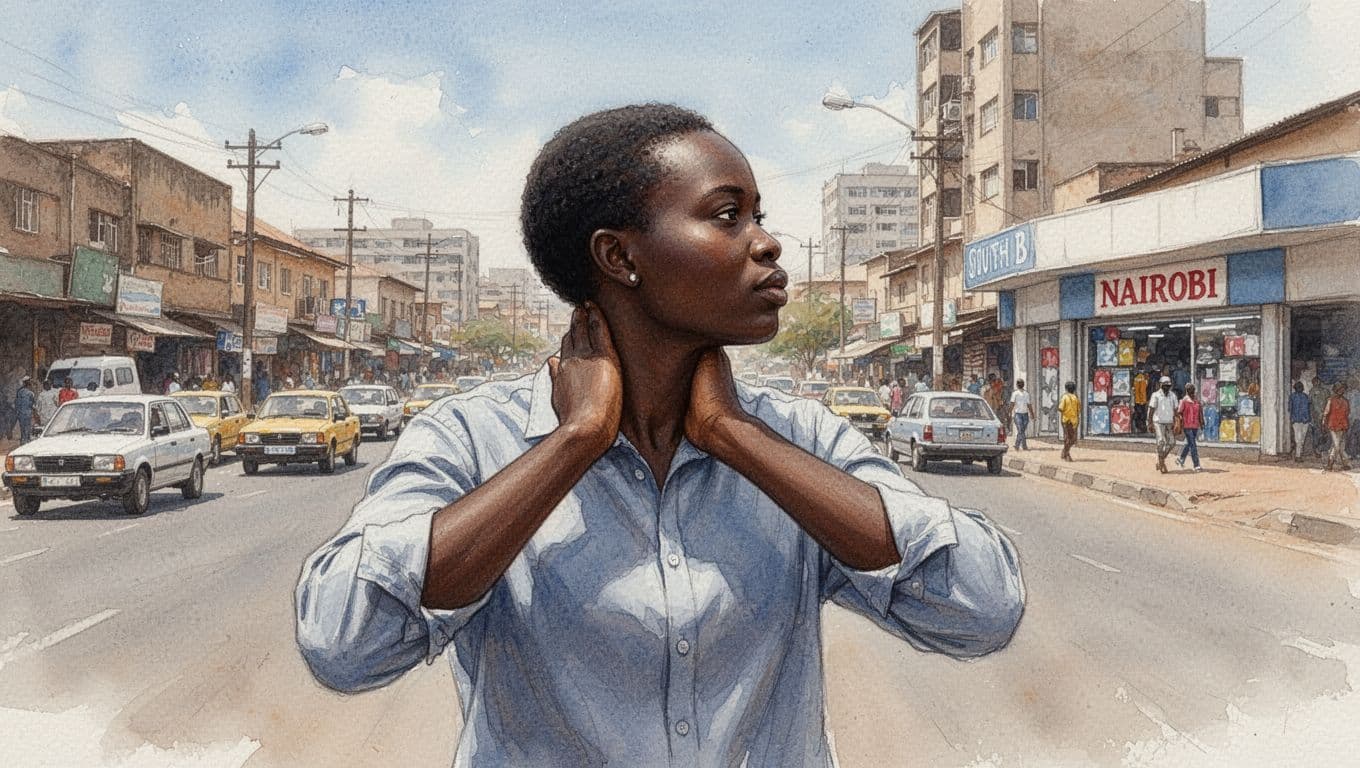Nairobi worker in South B rubs stiff neck on busy urban street, eyes distant spa sign.