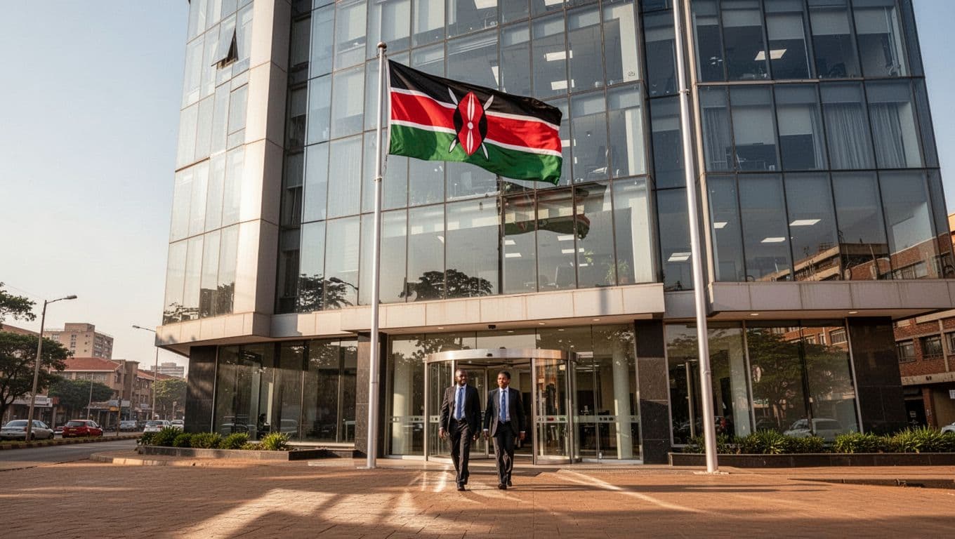 Modern exterior of the Nairobi Centre for International Arbitration (NCIA) building on Haile Selassie Avenue, featuring the Kenyan flag, clear daytime sky, and exactly two professionals entering through glass doors in realistic photo style with natural sunlight.