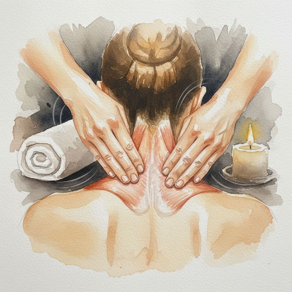 Massages in Langata: A Clear Guide from Fortune Massage & Spa 3 Two hands apply gentle pressure to shoulders and neck, muscles visibly softening amid blurred spa background in watercolor style.