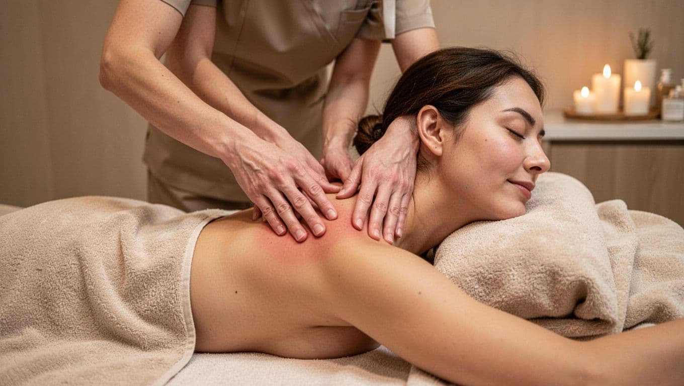 Benefits Of Massage 10 A client receives a relaxing neck and shoulder massage on a table in a cozy spa room with soft warm lighting and neutral tones. Therapist's hands work tension points on the upper body, client's face shows relaxation with eyes closed.
