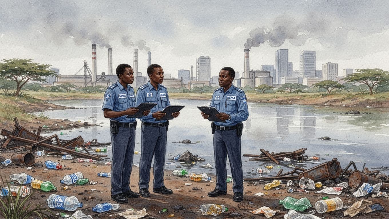 Two NEMA inspectors in uniforms with clipboards stand on a polluted Kenyan riverbank littered with plastic waste and industrial debris, observing distant factories and skyline under overcast sky with concerned expressions, in watercolor style.