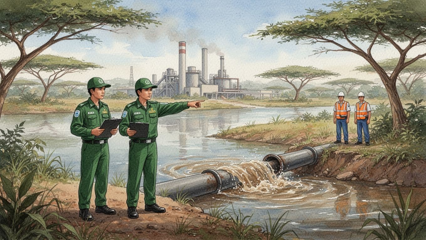 Two NEMA inspectors in green uniforms stand on a riverbank beside a Kenyan factory discharging murky water, one pointing to an illegal pipe as two distant workers observe amid lush vegetation.