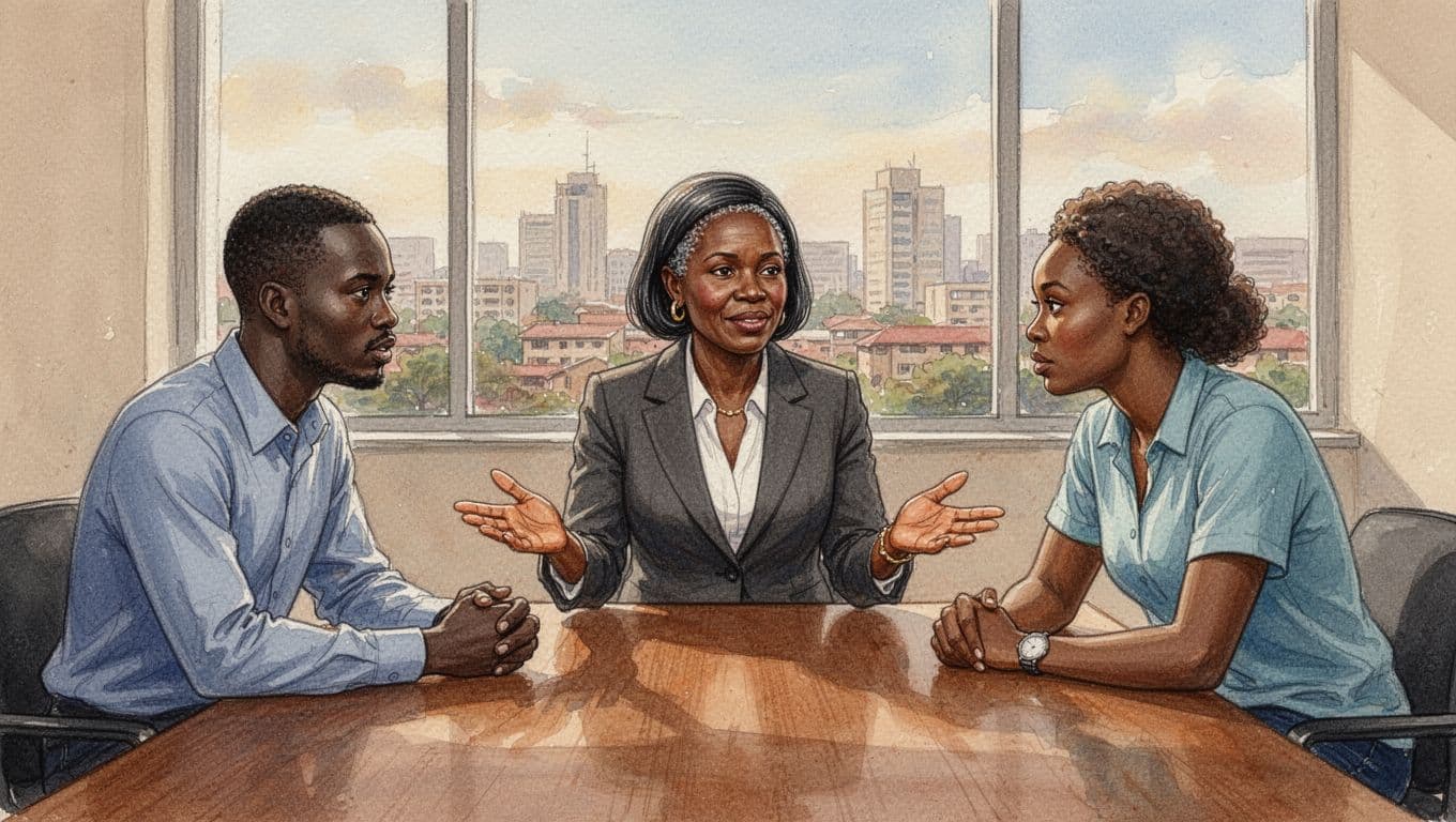 Middle-aged Kenyan woman mediator in business attire gestures calmly with open hands at a wooden table in a Nairobi conference room, between two attentive business partners, watercolor style with soft blending.