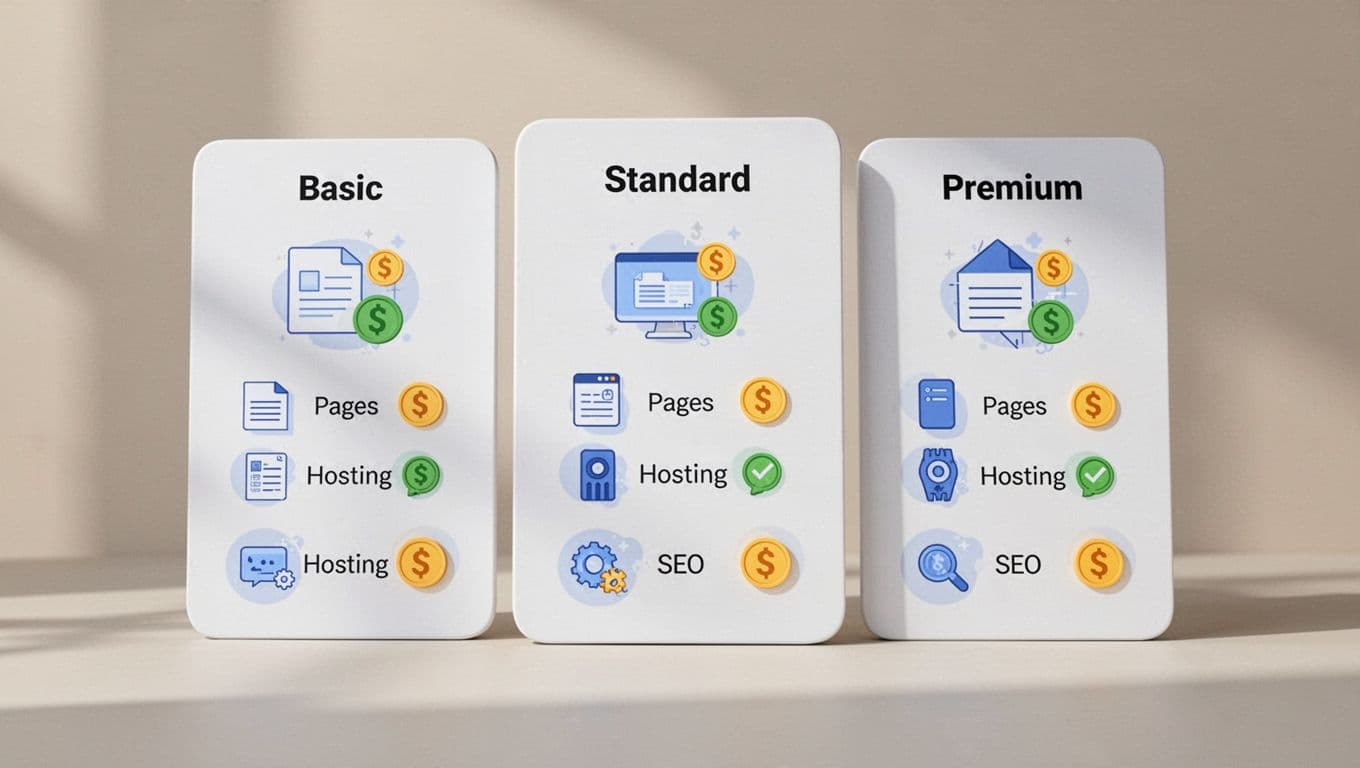 Clean infographic-style image showing three stacked pricing tiers for NGO websites: Basic, Standard, and Premium, with icons for features like pages, hosting, SEO, and Kenyan shillings symbols on a neutral background in flat illustrative design with bright colors.