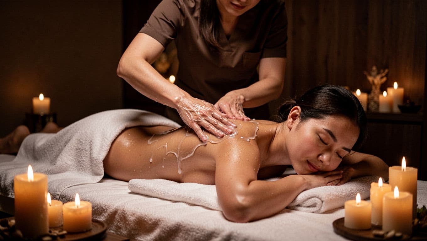 Therapist applying smooth Nuru gel in a body-to-body massage technique on a face-down client in a dimly lit private spa room, emphasizing close gliding contact and serene atmosphere.