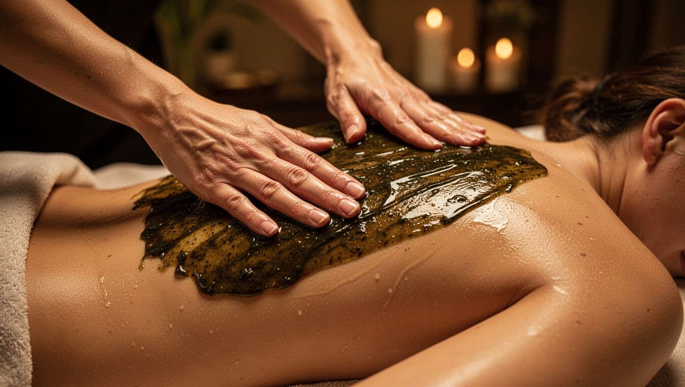 Close-up of a therapist's hands applying smooth seaweed gel to a client's back in a dimly lit spa, focusing on the slippery shine and gentle glide with warm golden lighting.