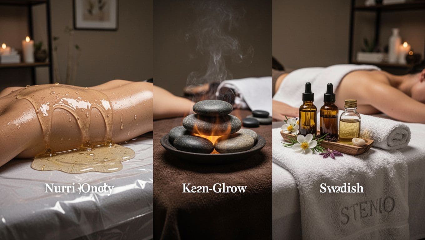 Spa table setup comparing massage styles: left with slippery Nuru gel on waterproof sheet, center with warming hot stone rocks, right with aromatherapy oils and Swedish towel drape in a neutral spa room. Cinematic style featuring strong contrast, depth, and dramatic lighting; no people, focused on three elements.