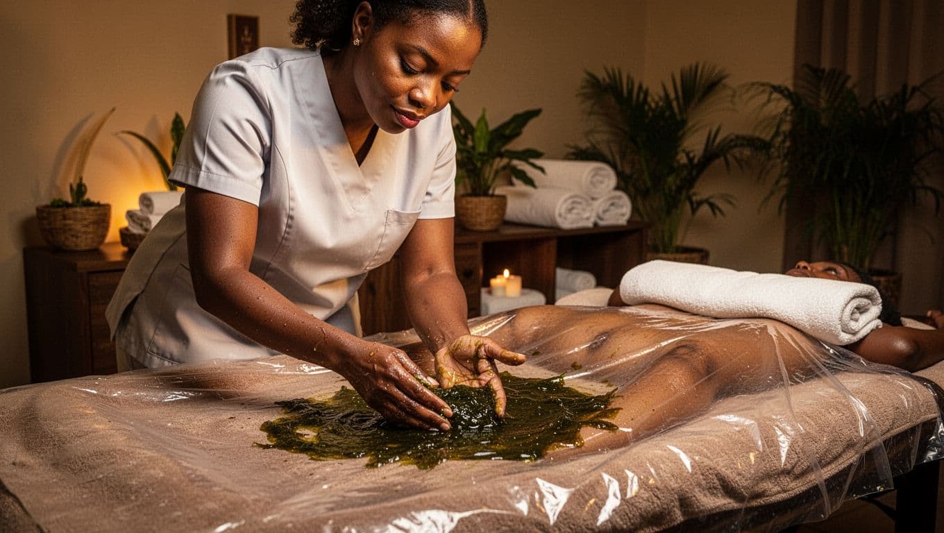 Professional female massage therapist in Nairobi spa prepares Nuru gel, applying slippery seaweed gel to waterproof sheet on futon with serene expression and warm golden lighting.