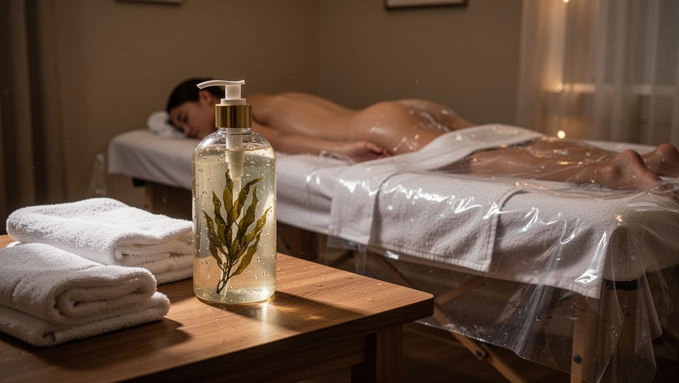 A serene spa room in soft lighting with a translucent seaweed-based Nuru gel bottle on a wooden table, folded white towels nearby, waterproof sheets on the massage bed, and warm ambient light creating cinematic shadows.