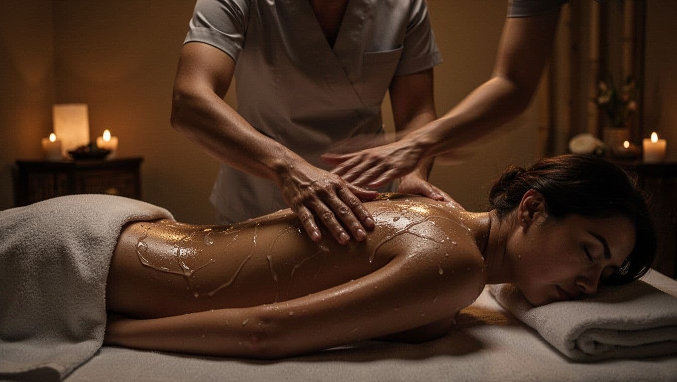 Silhouette of a therapist's upper body gliding rhythmically over a client's back during Nuru massage, with glistening gel emphasizing skin-on-skin contact in a dimly lit spa room.