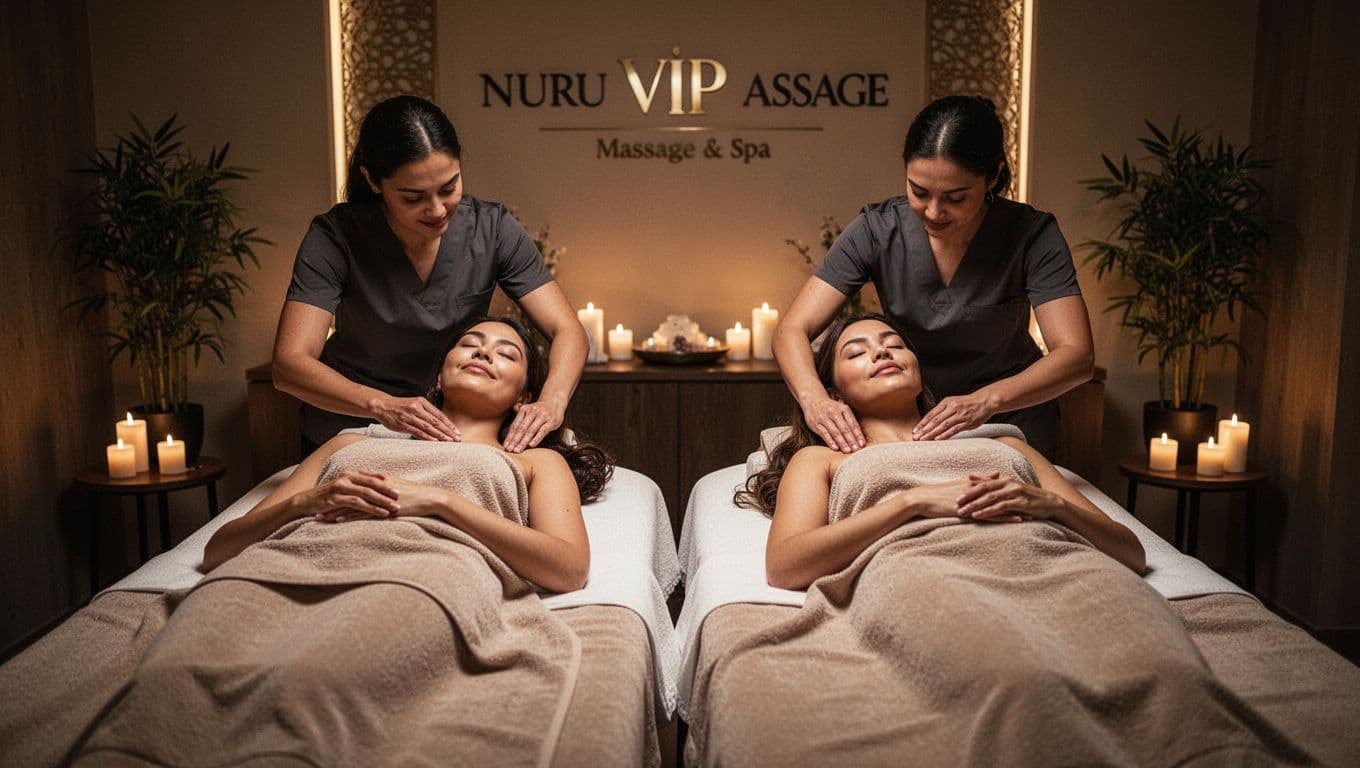 A happy couple relaxes side-by-side on adjacent massage tables during a couples session at Nuru VIP Massage & Spa, with therapists working on their shoulders in a warm ambient spa room filled with candles and plants.