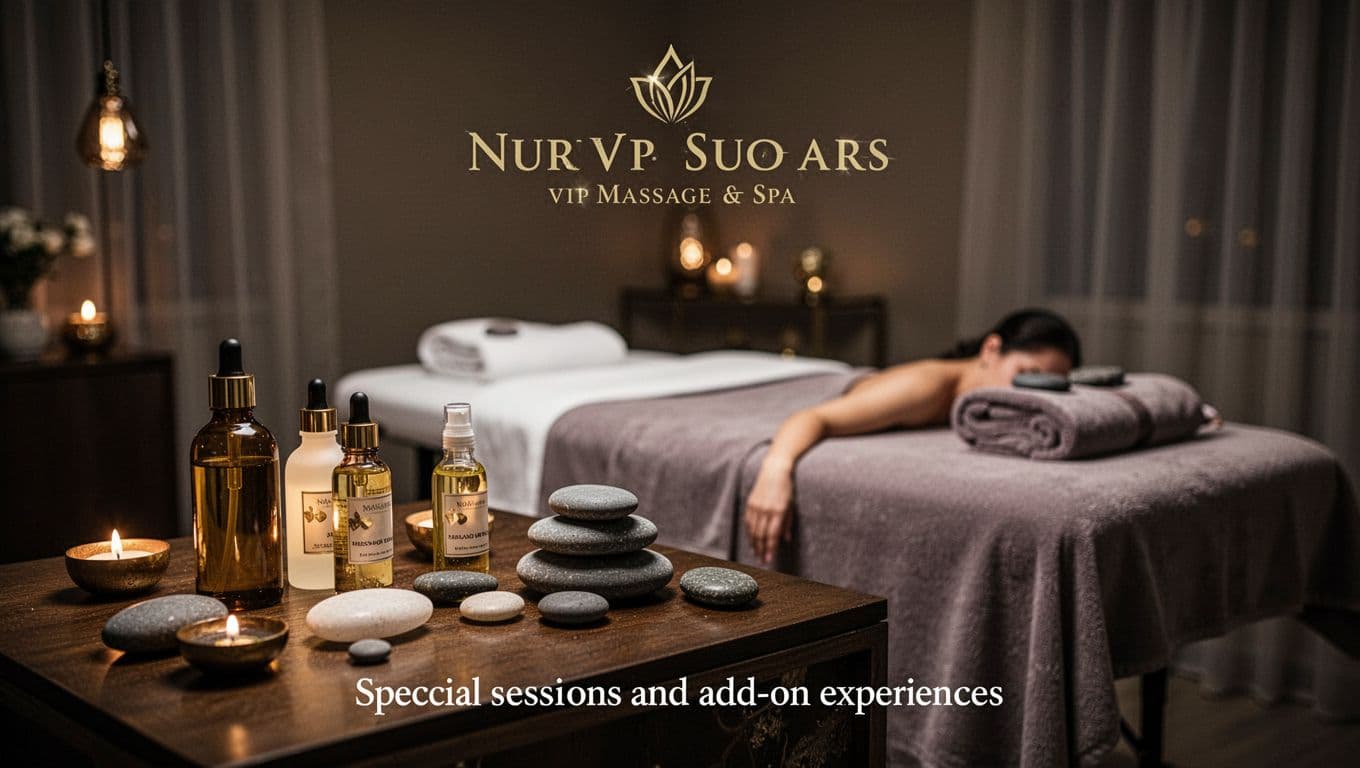 Elegant spa add-on setup with oils, stones, and subtle luxury elements on a discreetly prepared massage table in a private room, emphasizing soft-focus ambiance. Cinematic style featuring strong contrast, depth, and dramatic lighting, without people, text, or logos.