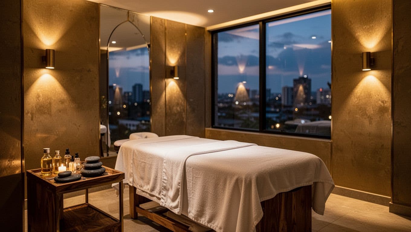 Luxurious empty treatment room at Nuru VIP Massage spa on Kindaruma Road in Kilimani, Nairobi, at evening with massage table, warm golden lighting, essential oils, hot stones, and blurred city view.
