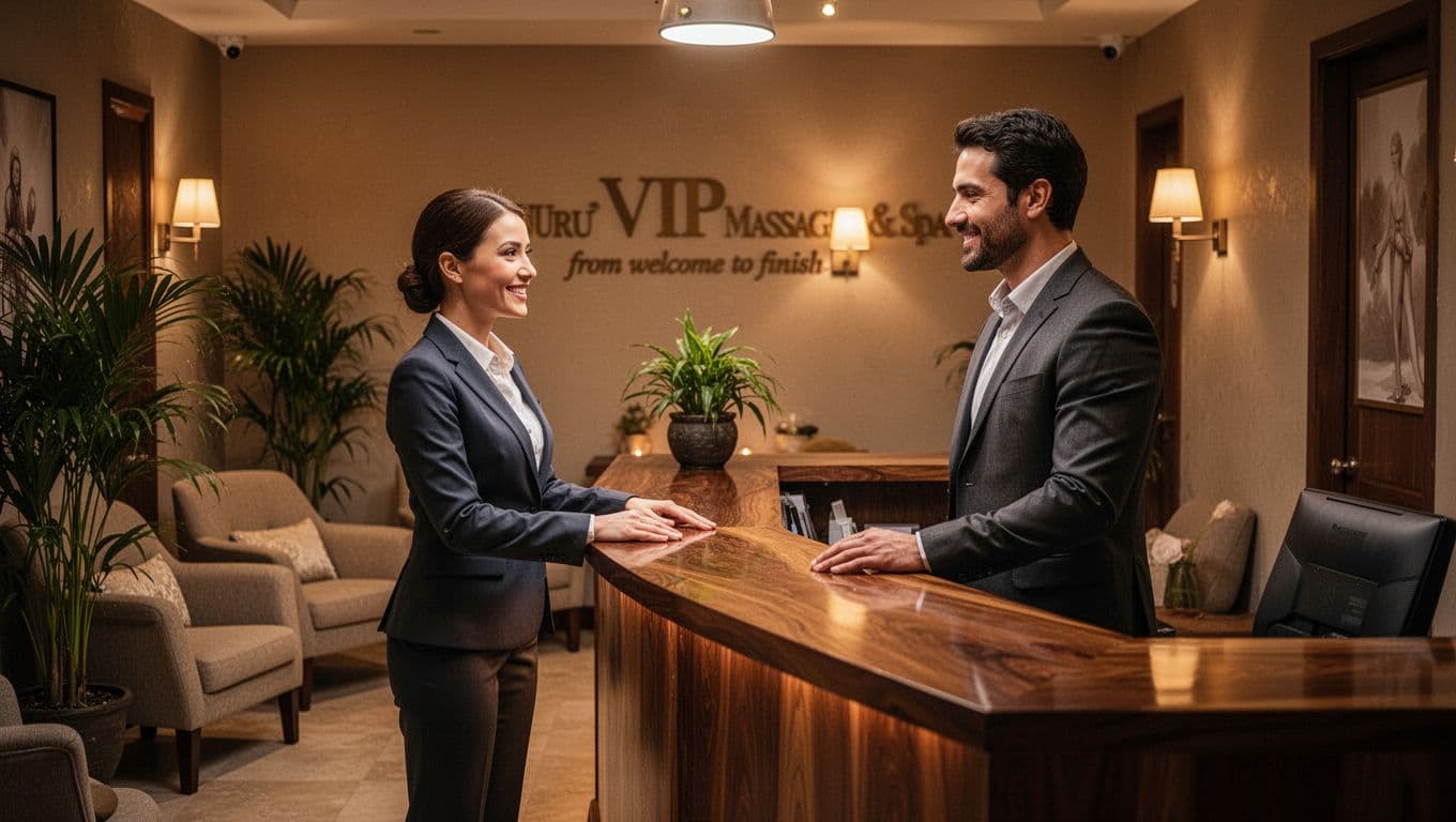 Friendly female spa receptionist in professional attire warmly greets a relaxed male guest at the polished wooden reception desk in the cozy, softly lit Nuru VIP Massage & Spa lobby with potted plants and warm ambient lighting.