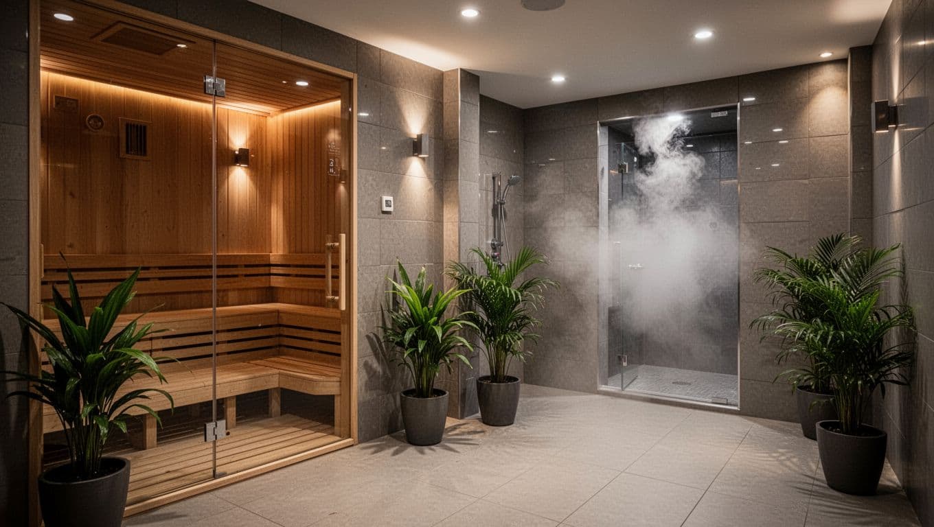 Inviting spa wellness area featuring adjacent sauna with wooden benches and steam room with misty vapor, clean modern tiles, soft ambient lighting, and potted green plants in an empty serene space emphasizing privacy and luxury.