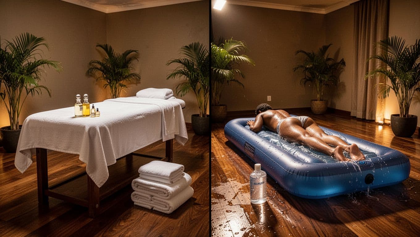 Serene upscale Nairobi spa interior with adjacent empty treatment setups: left Swedish-style massage table with oils and towels, right NuruVip-style inflatable mat with gel bottle, under warm dramatic lighting.