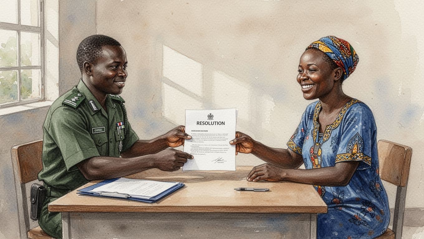 A Kenyan ODPC officer with relaxed hands passes a resolution document to a satisfied citizen across a desk in a simple regional office, featuring minimal items, natural lighting, and watercolor style with warm earth tones and blues.