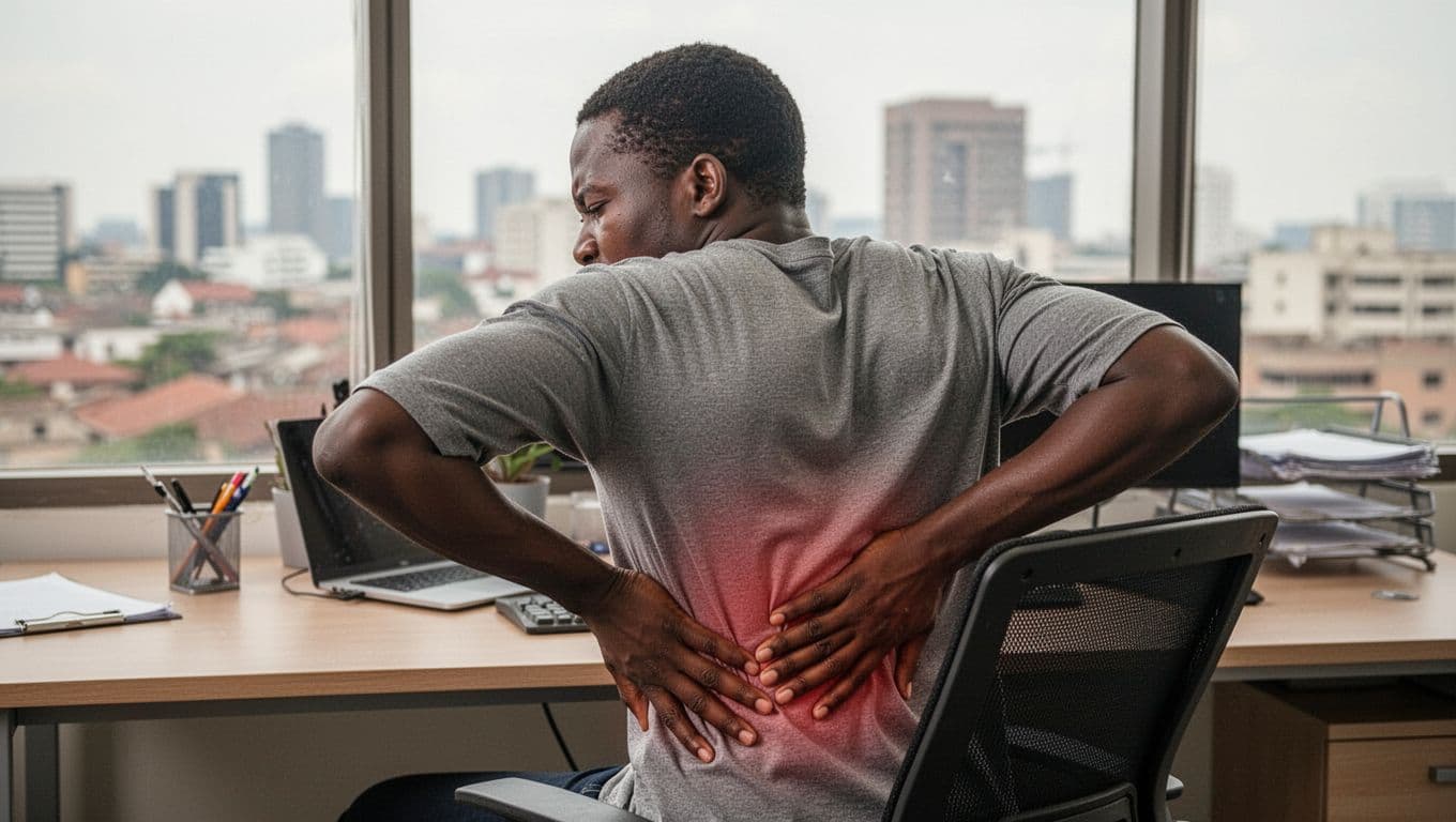 A person in their 30s sits at a desk in a Nairobi office, clutching their lower back in pain after a long workday, with a city view through the window. Close-up composition on face and hand, realistic photo style with soft natural lighting.