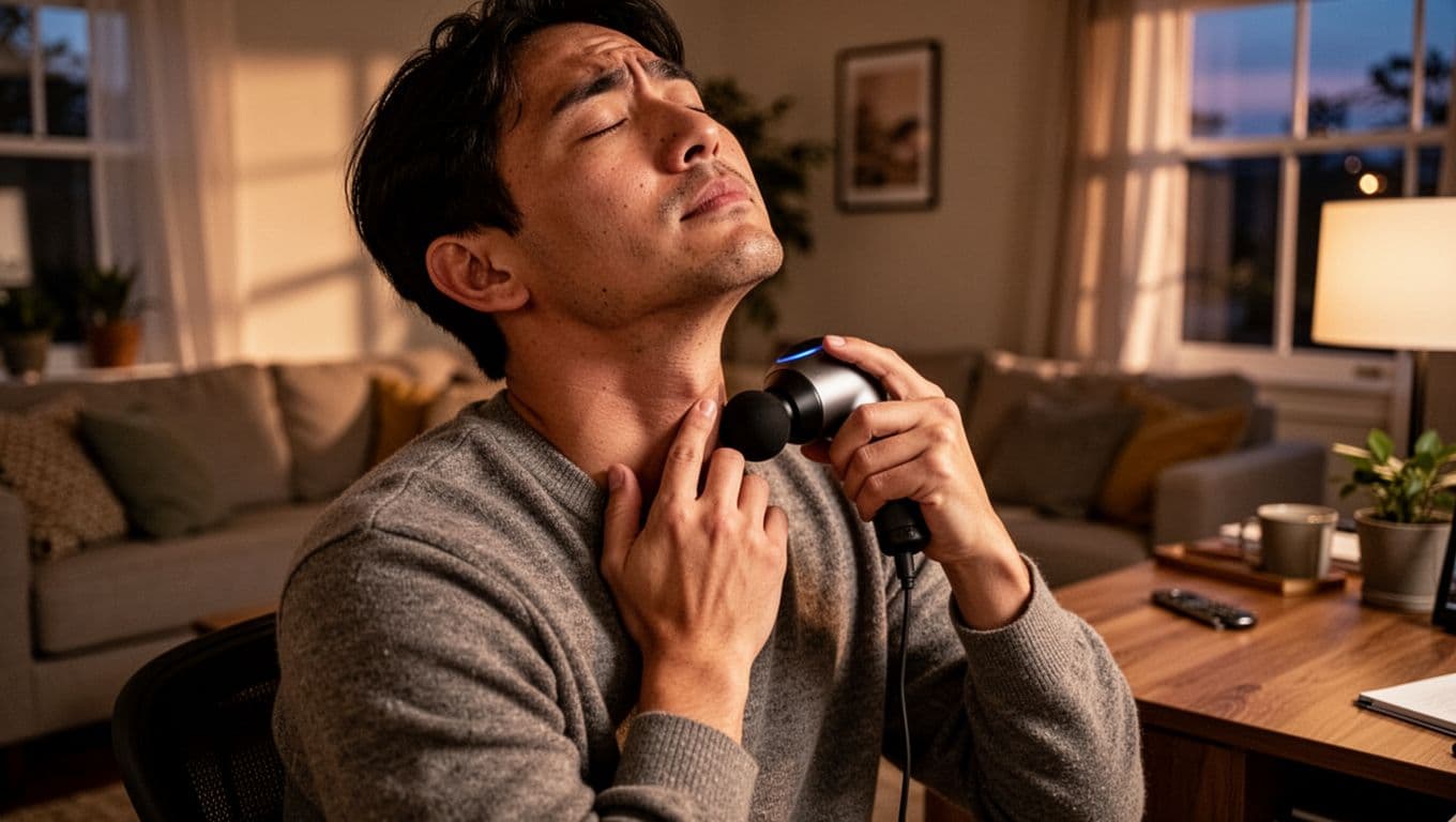 Office worker at home desk after a long day uses a massage gun on tense neck and shoulders, showing a relaxed partial face view in a cozy living room with evening dramatic lighting.