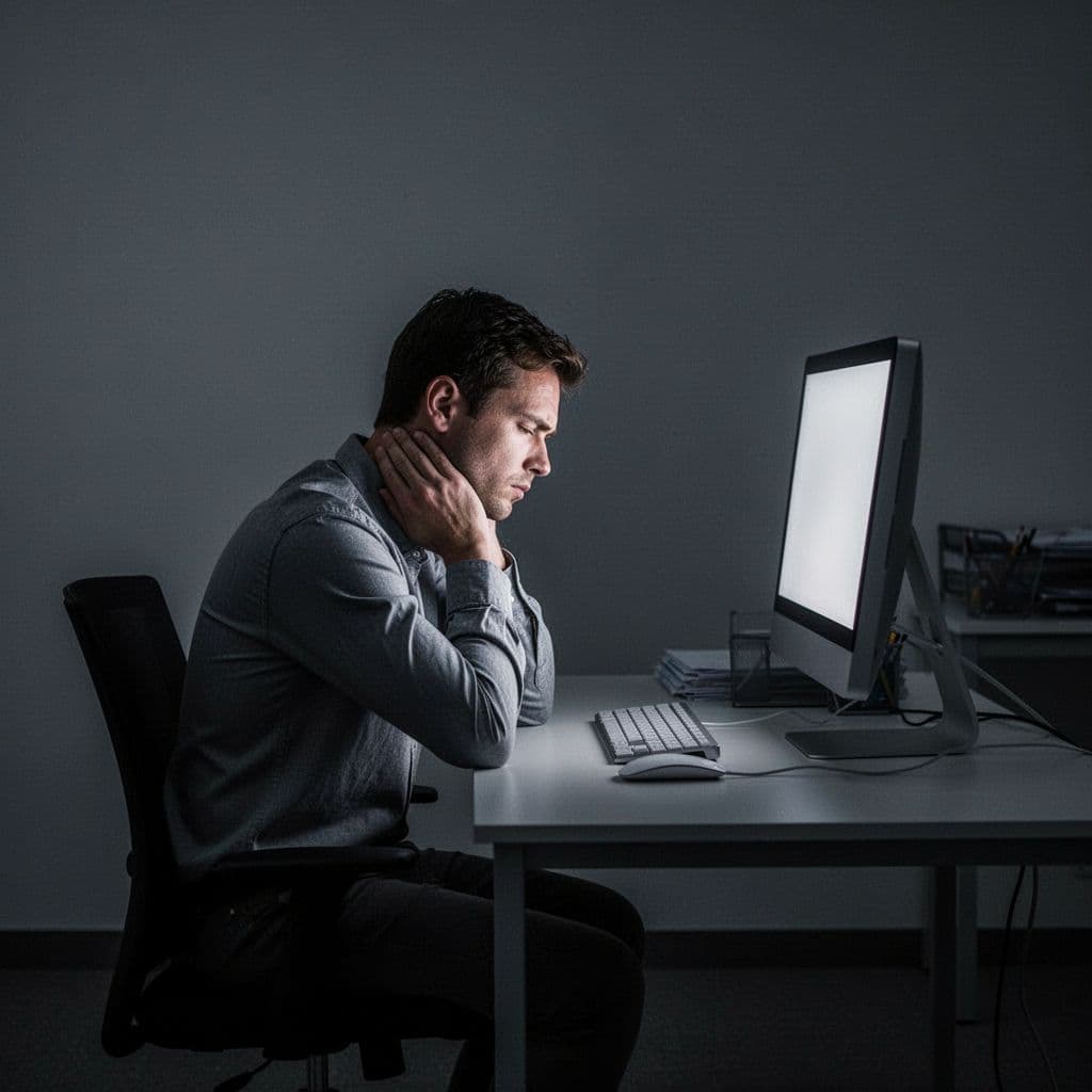 An exhausted individual sits at a dark workstation, clutching their neck to alleviate tension. Dramatic shadows emphasize the figure while the computer screen glows faintly against a somber, cinematic background.