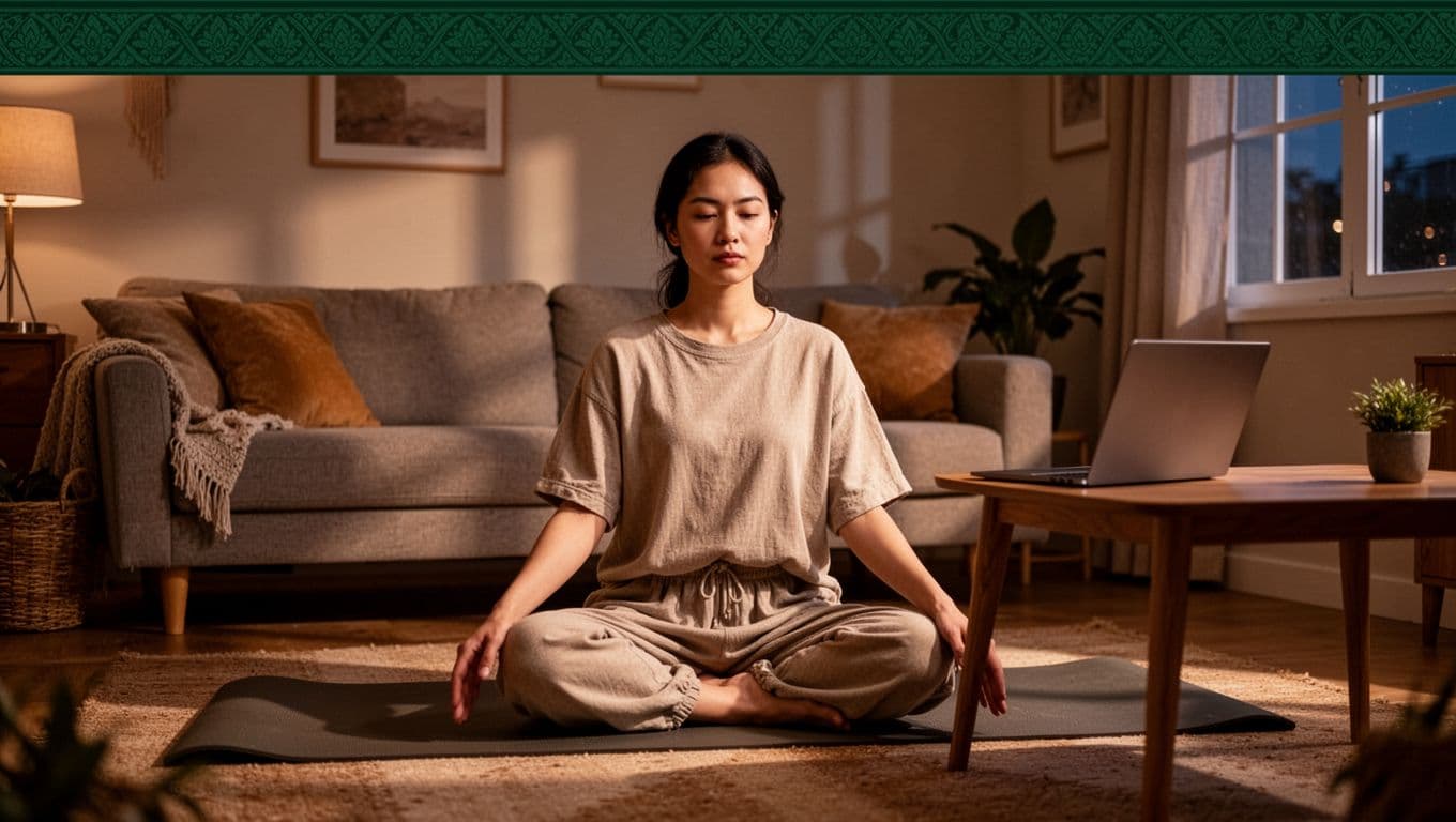 Modern office worker in loose clothes sits flexibly on a floor mat in a cozy home living room post-Thai massage, relaxed with hands resting naturally and closed laptop nearby, symbolizing digital burnout relief in earthy tones with soft evening light.