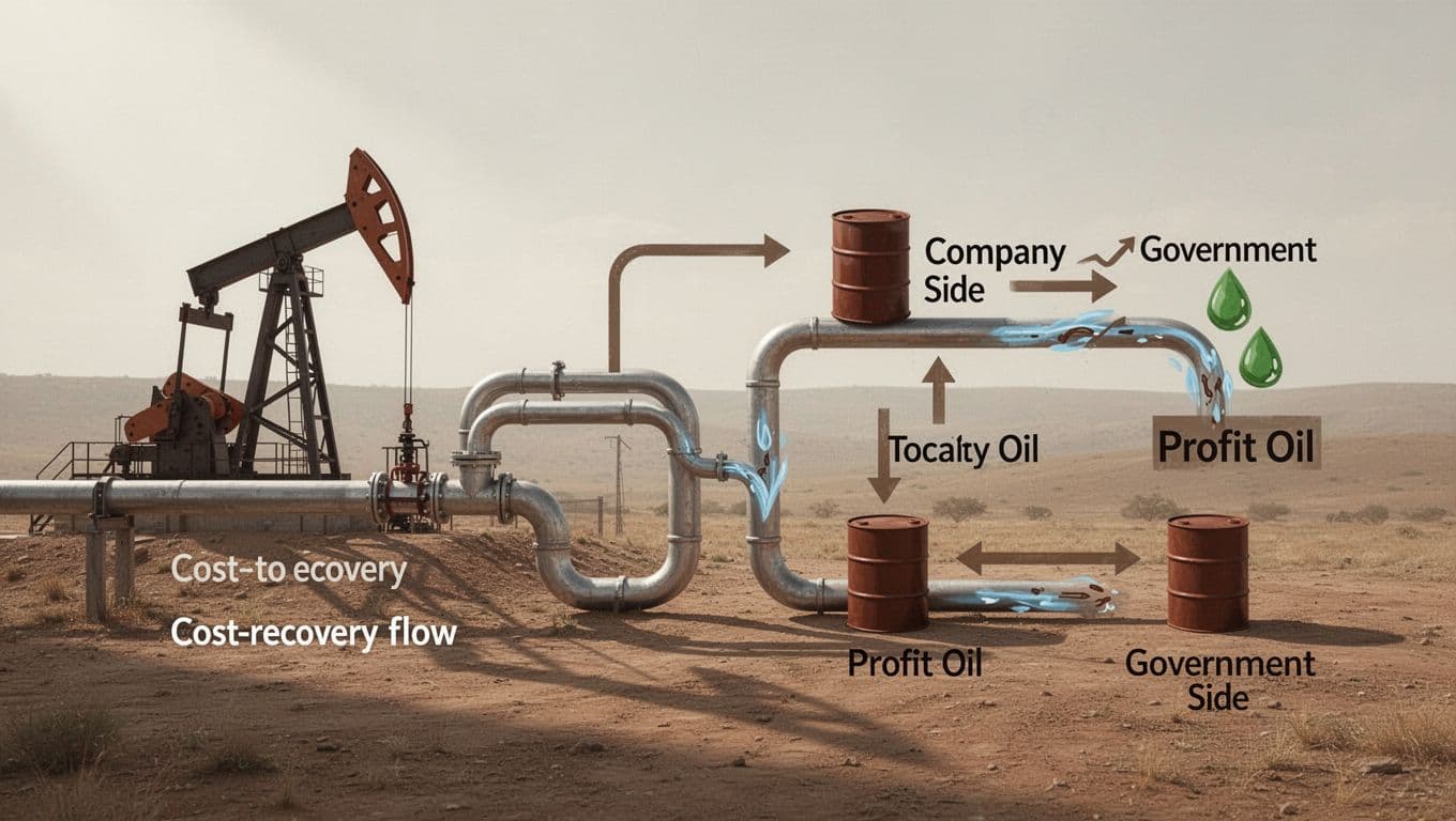 Illustrative flowchart showing oil production sharing contract process: oil well to pipeline, splitting into cost recovery and profit oil divided between company and government, with oil barrel icons in earth tones and clean lines.