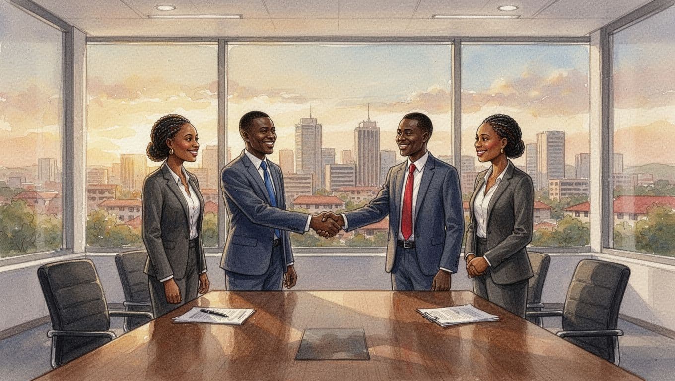 Happy Kenyan business clients shake hands with O.M Tangara & Co. Advocates lawyer and mediator after successful ADR mediation in a conference room with city view background, in watercolor style with golden hour lighting.