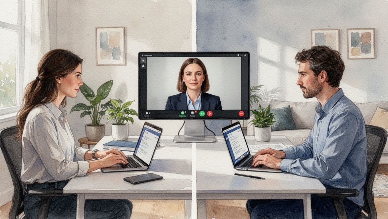 Three professionals in home offices participate in an online mediation video call on laptops, featuring a neutral mediator on the main screen, in watercolor style with soft blending and brush textures.