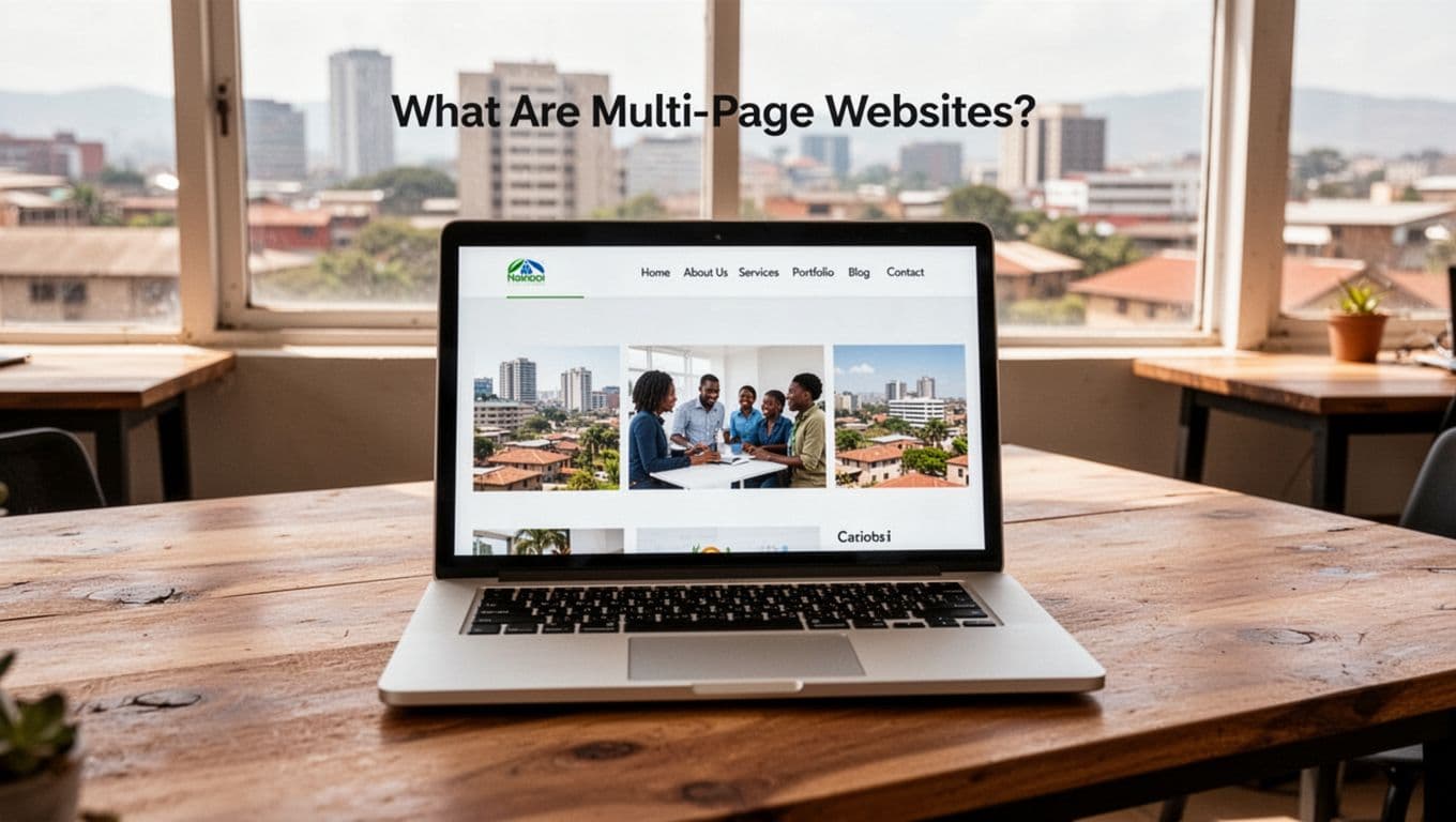 An open laptop on a wooden desk in a bright Kenyan co-working space in Nairobi displays a multi-page website's top navigation bar with menu items like Home, About Us, Services, Portfolio, Blog, and Contact. Subtle city view outside the window, photorealistic style with natural daylight.