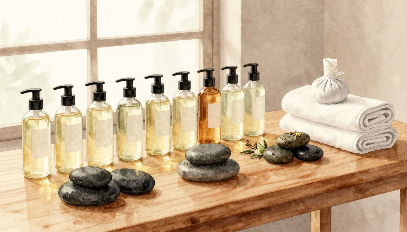 Wooden spa desk with glass massage oil bottles, hot stones, stacked towels, and herbal sachets in warm natural light.