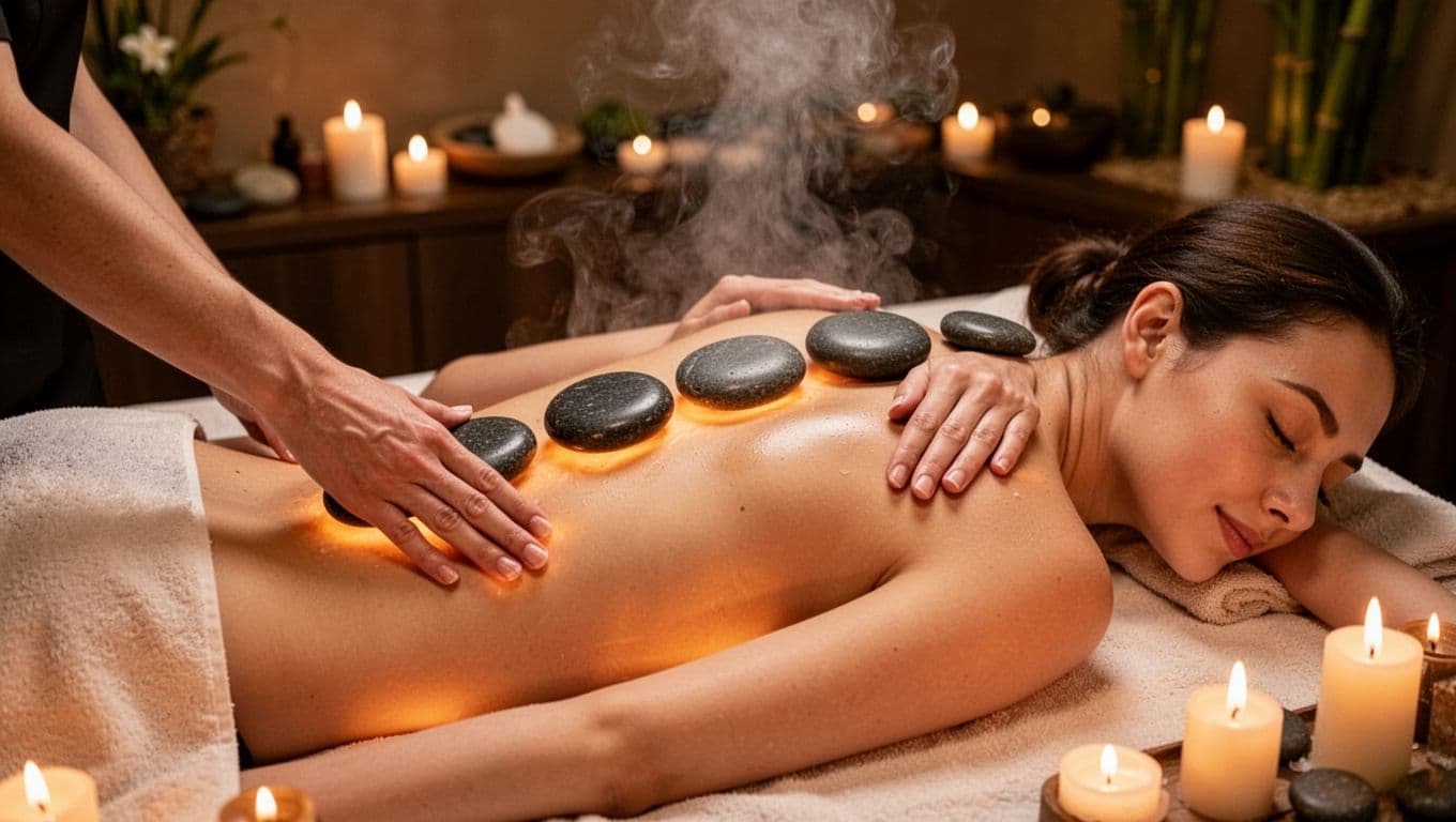 Therapist's hands placing smooth heated basalt stones along the spine and muscles of a relaxed client in a tranquil spa during hot stone massage, with steam and candlelight. Overhead composition emphasizing stone placement and warmth in realistic style with glowing tones, no faces shown.