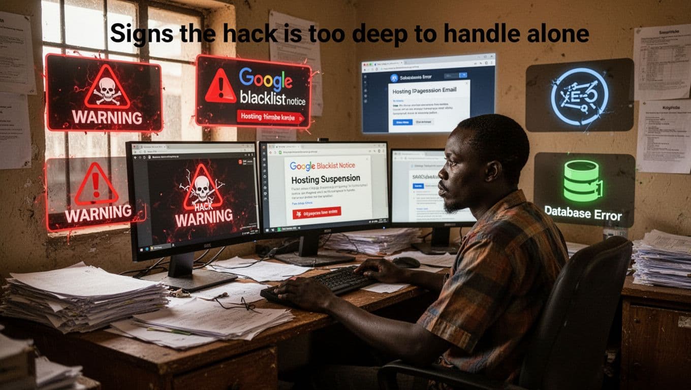 Stressed Kenyan small business owner in a modest Nairobi office at a cluttered desk with multiple screens showing hack warnings, Google blacklist, hosting suspension, SEO spam, and database errors; natural daylight, realistic style.