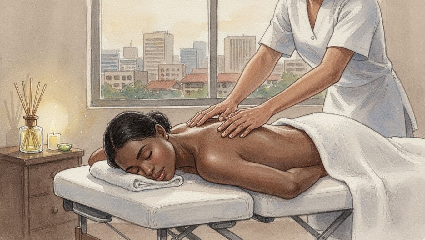 Exactly one overworked city office worker lying face down on a massage table receiving gentle Swedish aromatherapy massage on upper back and shoulders in a cozy spa room with Nairobi urban vibe and subtle lemongrass diffuser, watercolor style.
