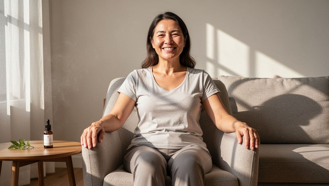 A single person sits comfortably with a relaxed posture and bright smile in a sunlit living room after a pain-relieving aromatherapy massage, with an essential oil bottle nearby. Bold 'Pain Relief' headline in Montserrat Black font on a muted dark-green band at the top, photorealistic natural daylight lighting conveying joyful mood.