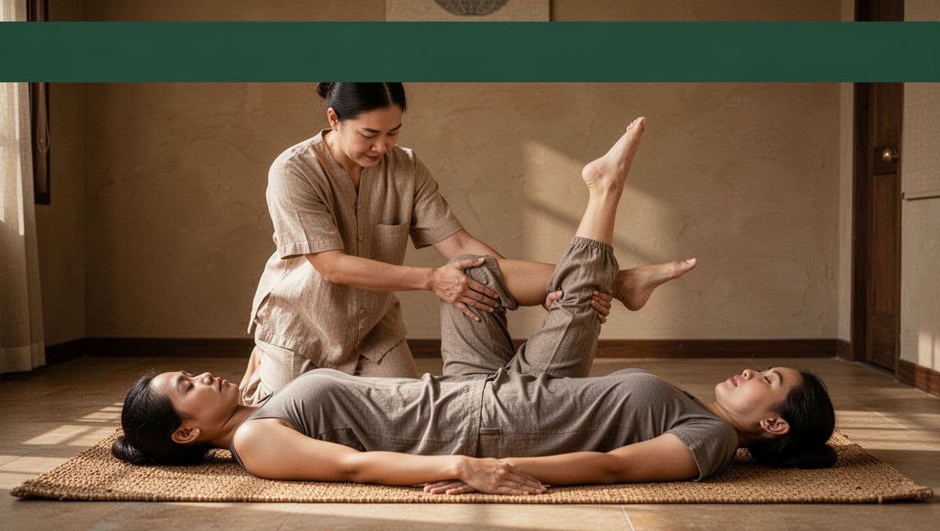 A Thai massage therapist gently assists a supine client on a woven mat by rocking and twisting the raised leg into a safe passive yoga stretch in a serene spa room with soft natural lighting. Top features a dark-green band with bold 'Passive Poses' headline.