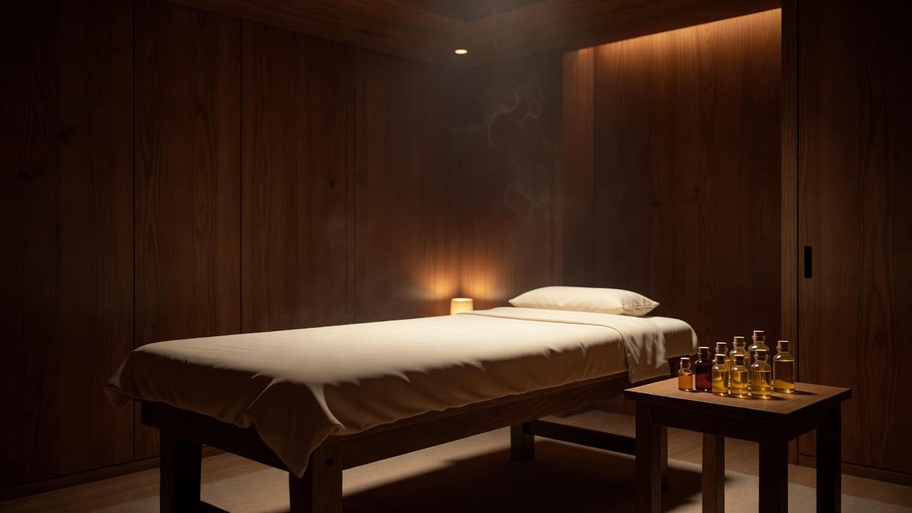 A wooden massage table stands in a dimly lit room filled with gentle mist. A side table nearby features small glass bottles of essential oils arranged under soft, warm amber lighting.