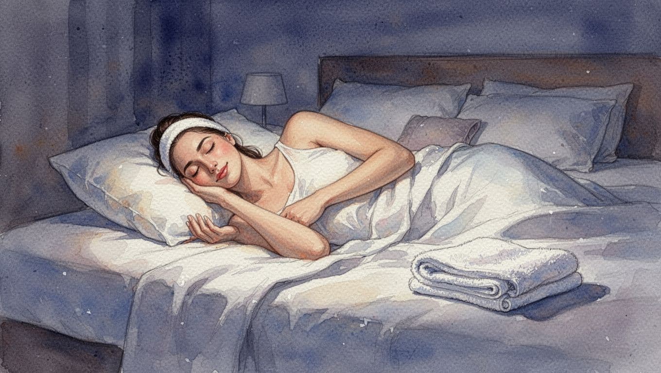 A person lies peacefully in bed with a relaxed expression amid soft bedding and dim lighting, evoking deep restful sleep post-spa session, with a subtle spa towel nearby in serene watercolor style.