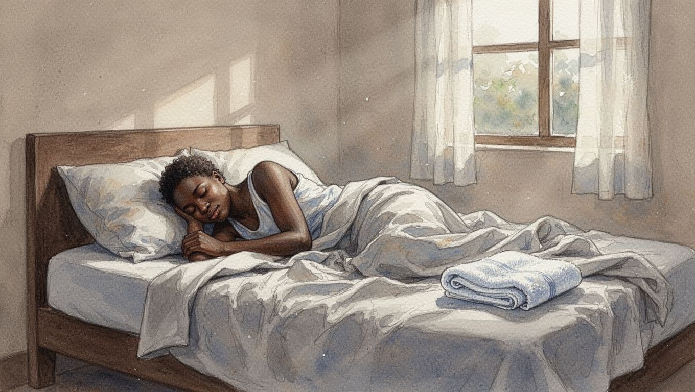 Serene person sleeping deeply in cozy bed with soft morning light, rumpled sheets, spa towel nearby implying recent massage, in simple Nairobi bedroom, watercolor style.